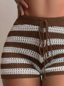 Striped Tie Front Cover Up Shorts - Brown - View 3