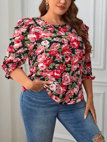 SHEIN Unity Plus Floral Print Puff Sleeve Blouse - Multicolor - View 2