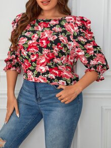 SHEIN Unity Plus Floral Print Puff Sleeve Blouse - Multicolor - View 1