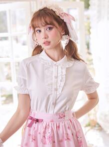 ROMWE Kawaii 素色荷葉邊前紐扣襯衫 - 白色 - 查看 1