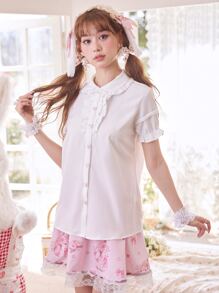 ROMWE Kawaii 素色荷葉邊前紐扣襯衫 - 白色 - 查看 3