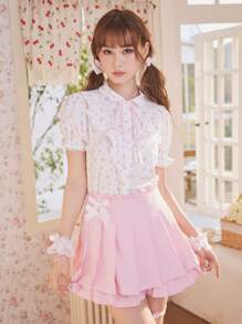 ROMWE Kawaii Ditsy Floral Print Knot Ruffle Trim Puff Sleeve Shirt - White - View 1