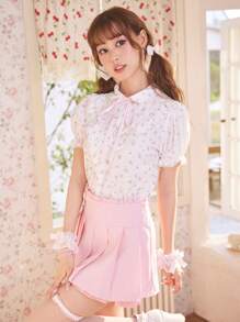 ROMWE Kawaii Ditsy Floral Print Knot Ruffle Trim Puff Sleeve Shirt - White - View 2