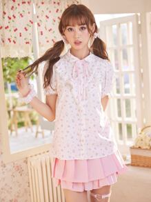 ROMWE Kawaii Ditsy Floral Print Knot Ruffle Trim Puff Sleeve Shirt - White - View 3