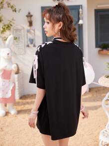 ROMWE Kawaii Camiseta de hombros caídos con estampado de conejo y letra - Negro - Ver 6