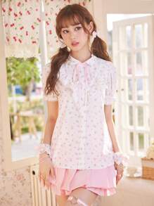 ROMWE Kawaii Ditsy Floral Print Knot Ruffle Trim Puff Sleeve Shirt - White - View 4