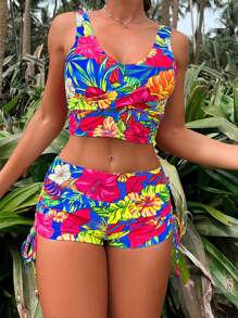 Conjunto de bikini con shorts con cordón y estampado tropical, para vacaciones de verano en la playa - Multicolor - Ver 1
