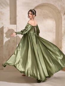 Modelyn Off Shoulder Floral Embroidery Mesh Overlay Dress - Olive Green - View 2