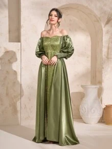 Modelyn Off Shoulder Floral Embroidery Mesh Overlay Dress - Olive Green - View 3