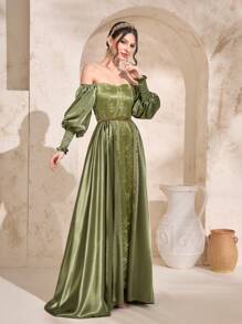 Modelyn Off Shoulder Floral Embroidery Mesh Overlay Dress - Olive Green - View 4