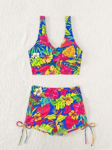 Conjunto de bikini con shorts con cordón y estampado tropical, para vacaciones de verano en la playa - Multicolor - Ver 6