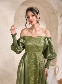 Modelyn Off Shoulder Floral Embroidery Mesh Overlay Dress - Olive Green - View 5