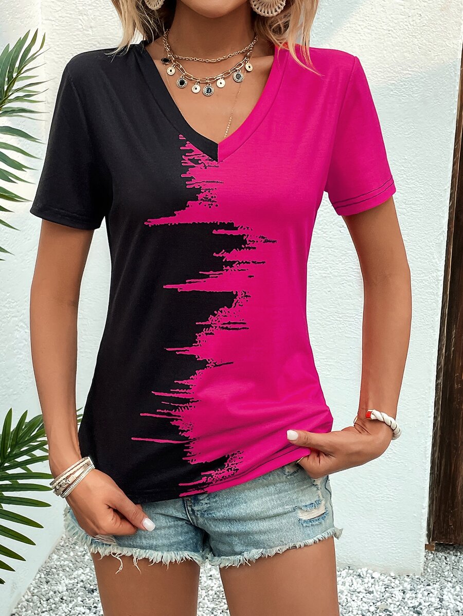 SHEIN LUNE Two Tone V Neck Tee - Hot Pink - View 1