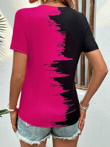SHEIN LUNE Two Tone V Neck Tee - Hot Pink - View 2