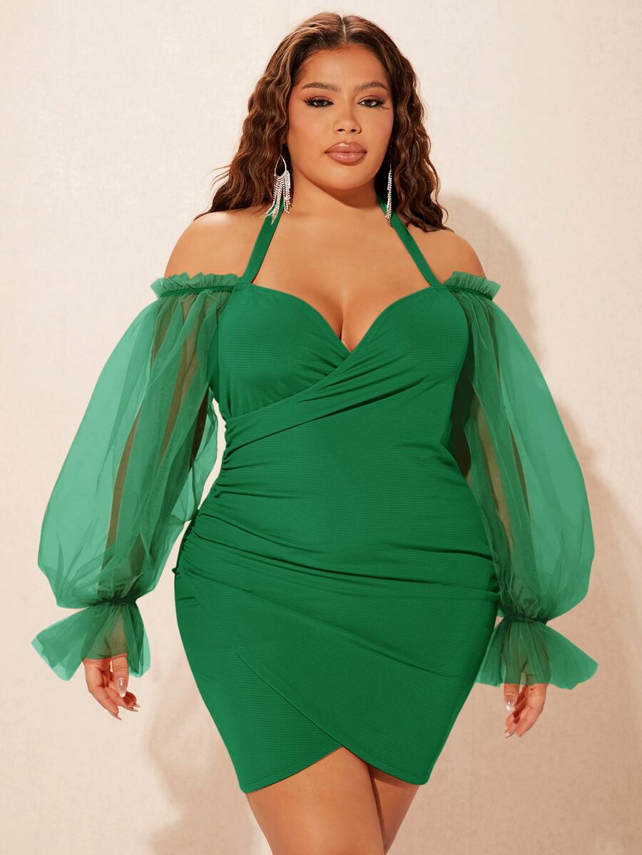 SHEIN SXY Plus Contrast Mesh Flounce Sleeve Ruched Wrap Hem Bodycon Dress - Green - View 1