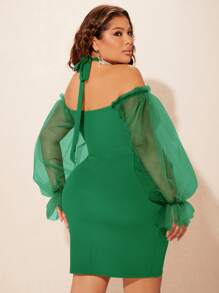 SHEIN SXY Plus Contrast Mesh Flounce Sleeve Ruched Wrap Hem Bodycon Dress - Green - View 2