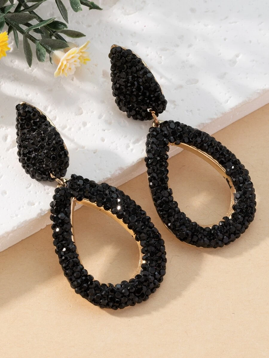 1 Đôi Bông Tai Nữ Đơn Giản & Cá Tính Thời Trang Mới Hình Giọt Nước Đầy Kim Cương Khoét Hở - màu đen - Xem 1