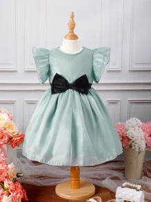 SHEIN Toddler Girls Bow Front Butterfly Sleeve Dress - Mint Green - View 1