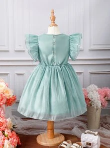 SHEIN Toddler Girls Bow Front Butterfly Sleeve Dress - Mint Green - View 2