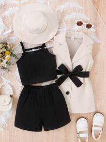 SHEIN Young Girl Lapel Neck Belted Vest Coat & Cami Top & Shorts & Accessory Hat - Multicolor - View 1