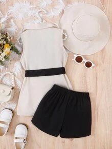 SHEIN Young Girl Lapel Neck Belted Vest Coat & Cami Top & Shorts & Accessory Hat - Multicolor - View 3