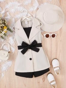 SHEIN Young Girl Lapel Neck Belted Vest Coat & Cami Top & Shorts & Accessory Hat - Multicolor - View 2
