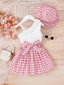 SHEIN 小女童千鳥格印花不對稱領荷葉邊繫腰帶連衣裙附帽子