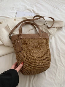 雙色草編包附包飾度假 - 卡其色 - 查看 6