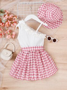 SHEIN 小女童千鳥格印花不對稱領荷葉邊繫腰帶連衣裙附帽子