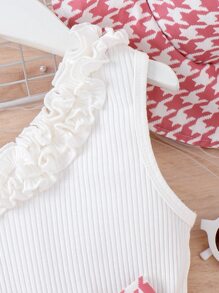 SHEIN 小女童千鳥格印花不對稱領荷葉邊繫腰帶連衣裙附帽子