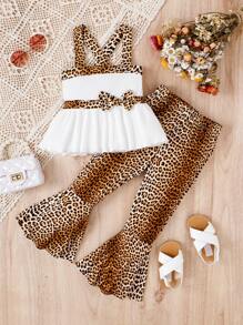 SHEIN Bộ thời trang bé gái Nơ Bướm Hội Chữ thập Viên lá sen Khối Màu In hoa Báo Dễ thương - Nhiều màu - Xem 1