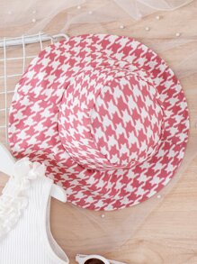 SHEIN 小女童千鳥格印花不對稱領荷葉邊繫腰帶連衣裙附帽子