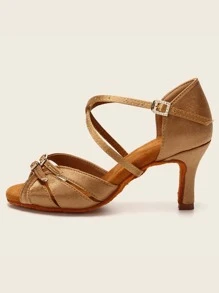 女士搭扣裝飾細跟魅力四射卡其色緞面踝帶平底涼鞋適合夏天 - 棕色 - 查看 2