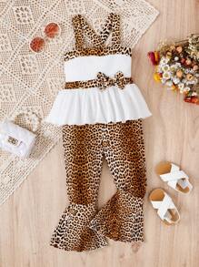 SHEIN Bộ thời trang bé gái Nơ Bướm Hội Chữ thập Viên lá sen Khối Màu In hoa Báo Dễ thương - Nhiều màu - Xem 6