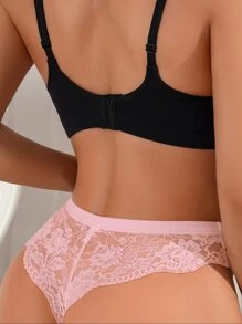 Contrast Lace Bow Front Panty Lingerie Bow Tie - Pink - View 2