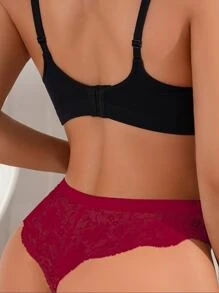Contrast Lace Bow Front Panty Lingerie Bow Tie - Burgundy - View 2