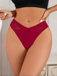Contrast Lace Bow Front Panty Lingerie Bow Tie - Burgundy - View 5