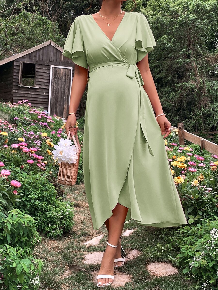 SHEIN Maternity Butterfly Sleeve Knot Side Wrap Dress - Mint Green - View 1