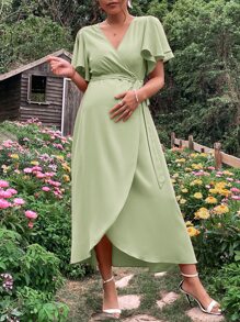 SHEIN Maternity Butterfly Sleeve Knot Side Wrap Dress - Mint Green - View 3