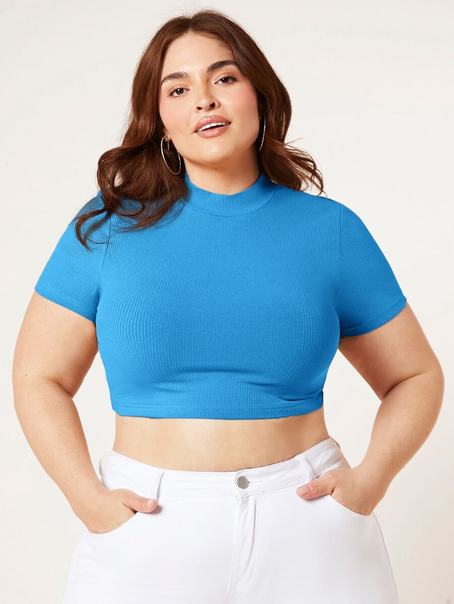 SHEIN BASICS Plus Size Mock Neck Crop Tee - Blue - View 1