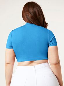 SHEIN BASICS Plus Size Mock Neck Crop Tee - Blue - View 2