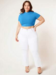 SHEIN BASICS Plus Size Mock Neck Crop Tee - Blue - View 3