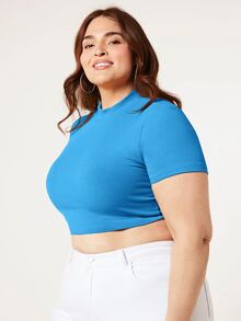 SHEIN BASICS Plus Size Mock Neck Crop Tee - Blue - View 4