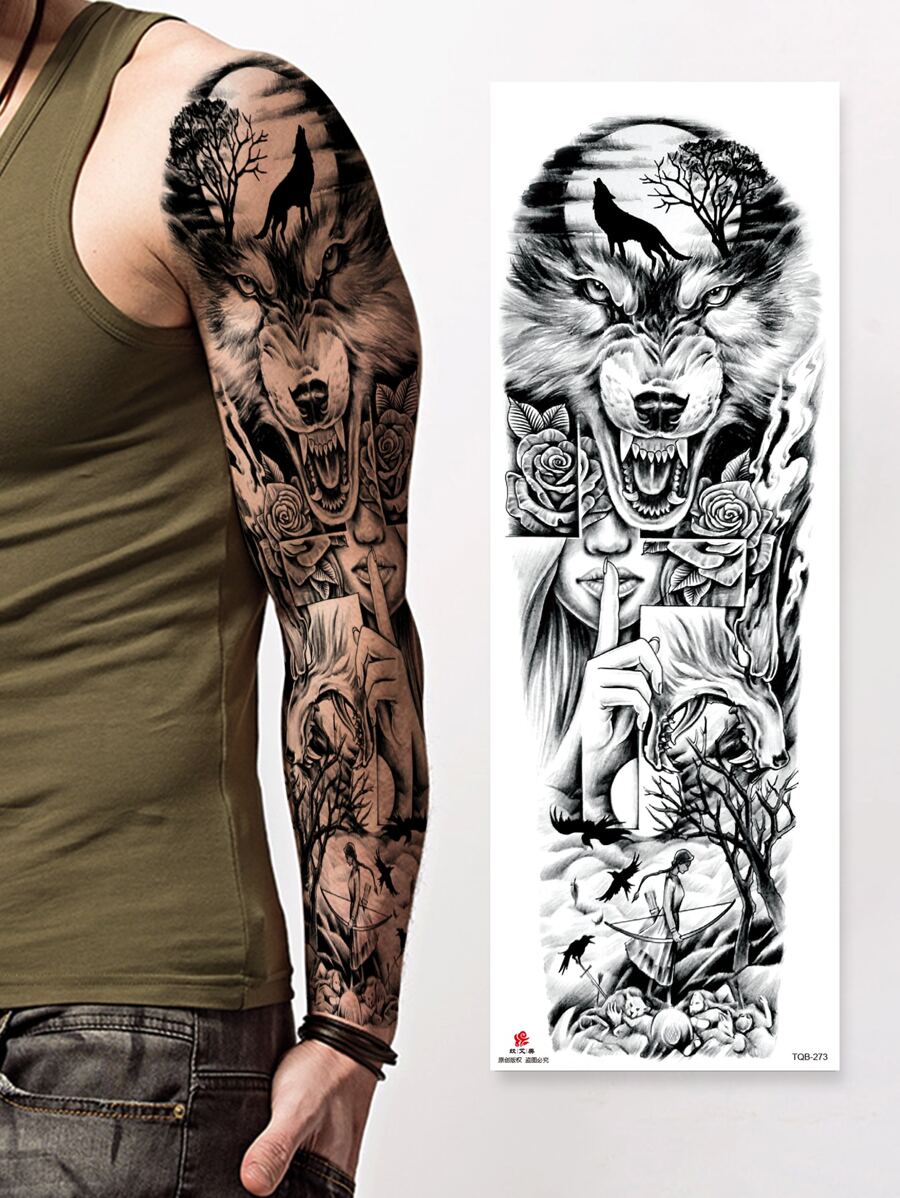 1張狼印花紋身貼紙 - 黑色 - 查看 1