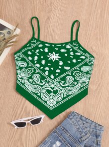 SHEIN VCAY Paisley Print Hanky Hem Cami Top - Green - View 1