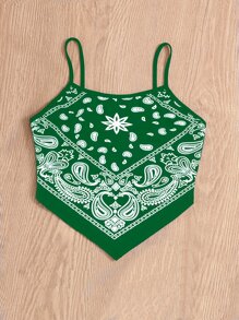 SHEIN VCAY Paisley Print Hanky Hem Cami Top - Green - View 4