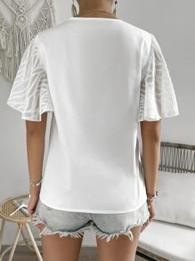 SHEIN Frenchy 網紗拼接蝴蝶袖V領襯衫 - 白色 - 查看 2