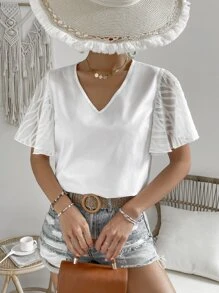 SHEIN Frenchy 網紗拼接蝴蝶袖V領襯衫 - 白色 - 查看 3