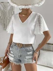 SHEIN Frenchy 網紗拼接蝴蝶袖V領襯衫 - 白色 - 查看 5