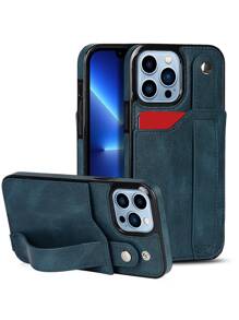 PU Card Slot Phone Case With Wrist Strap - Blue - View 1